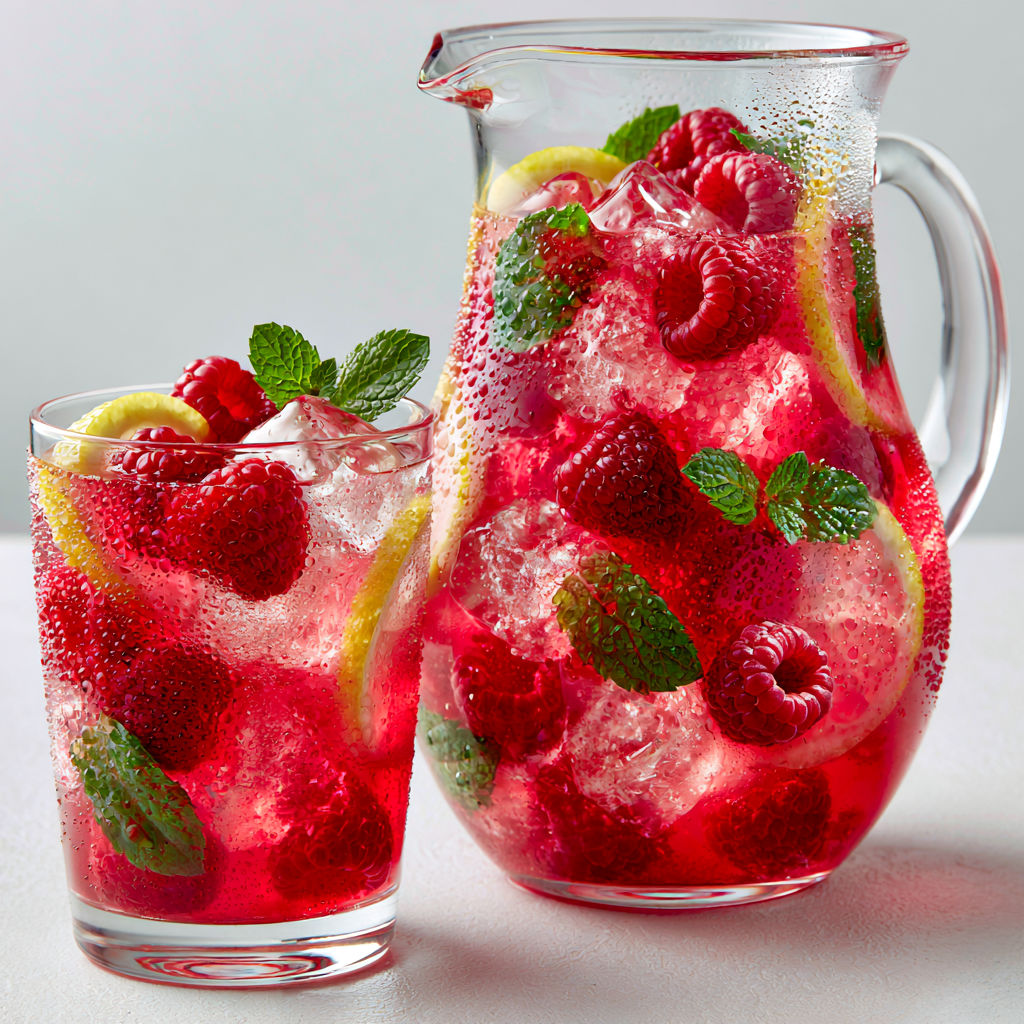 Une citronnade maison aux framboises fraîches est servie dans un vase et accompagnée d'un verre.