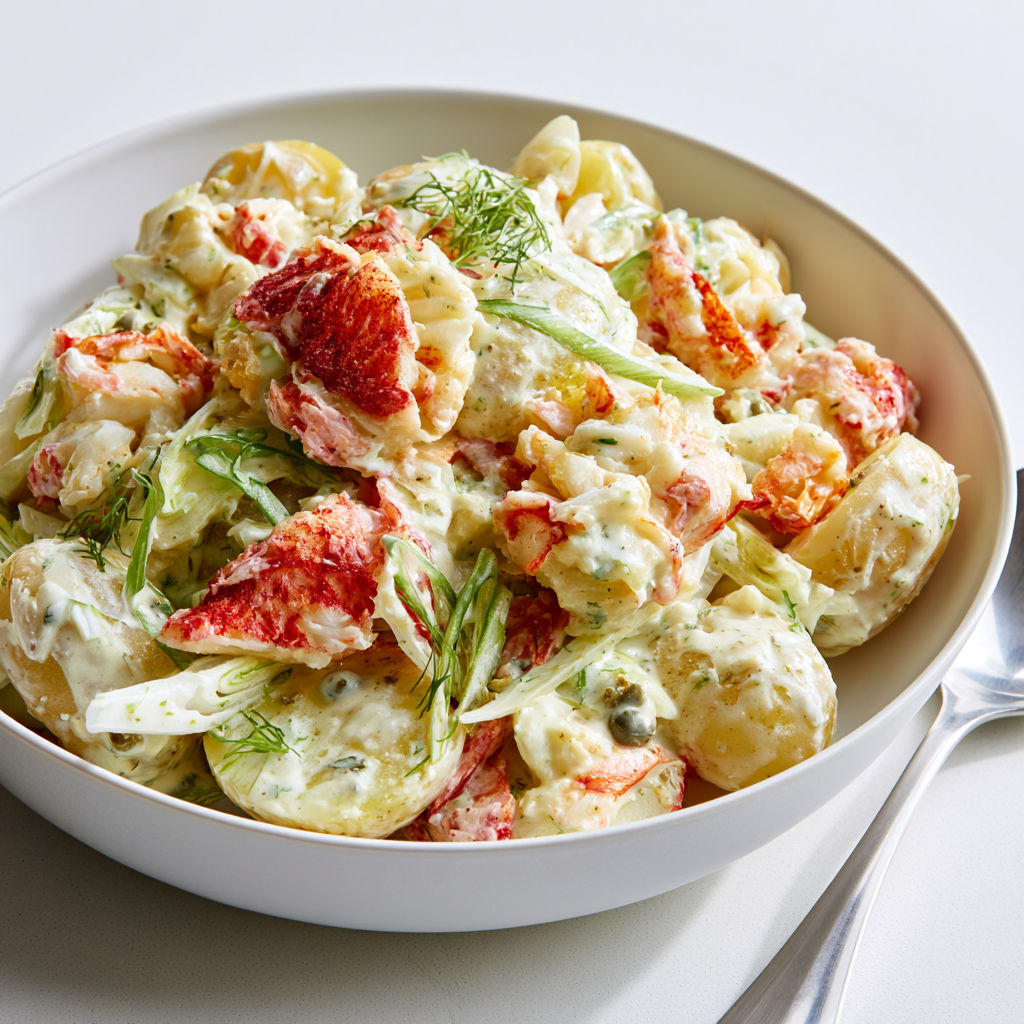 Salade de pommes de terre au crabe avec sauce crémeuse aux câpres.