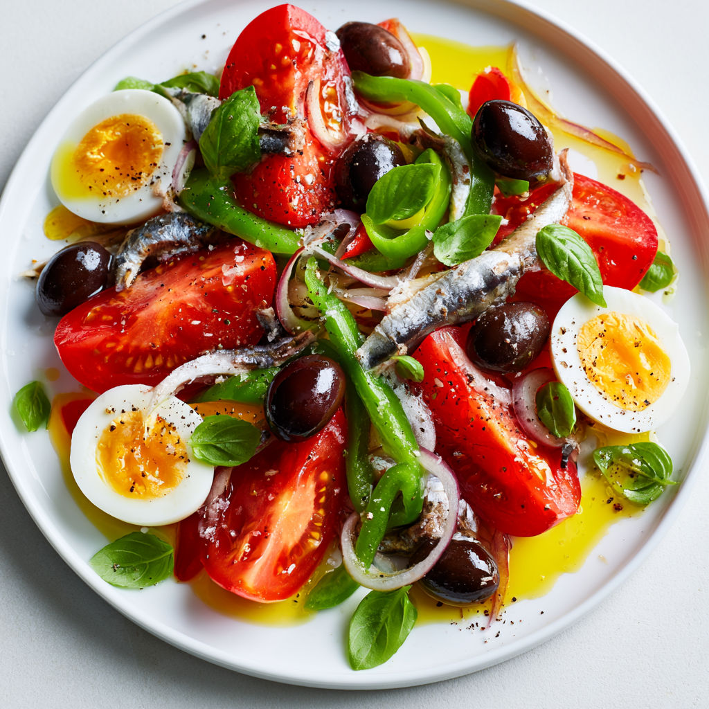 Salade niçoise revisitée aux légumes frais, olives et anchois.