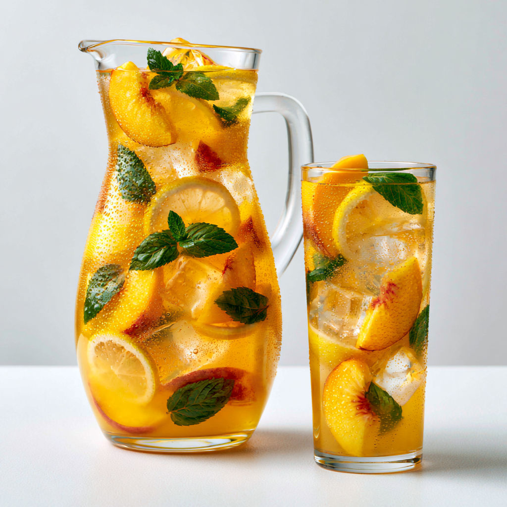 La meilleure limonade à la pêche maison avec citron et menthe fraîche.