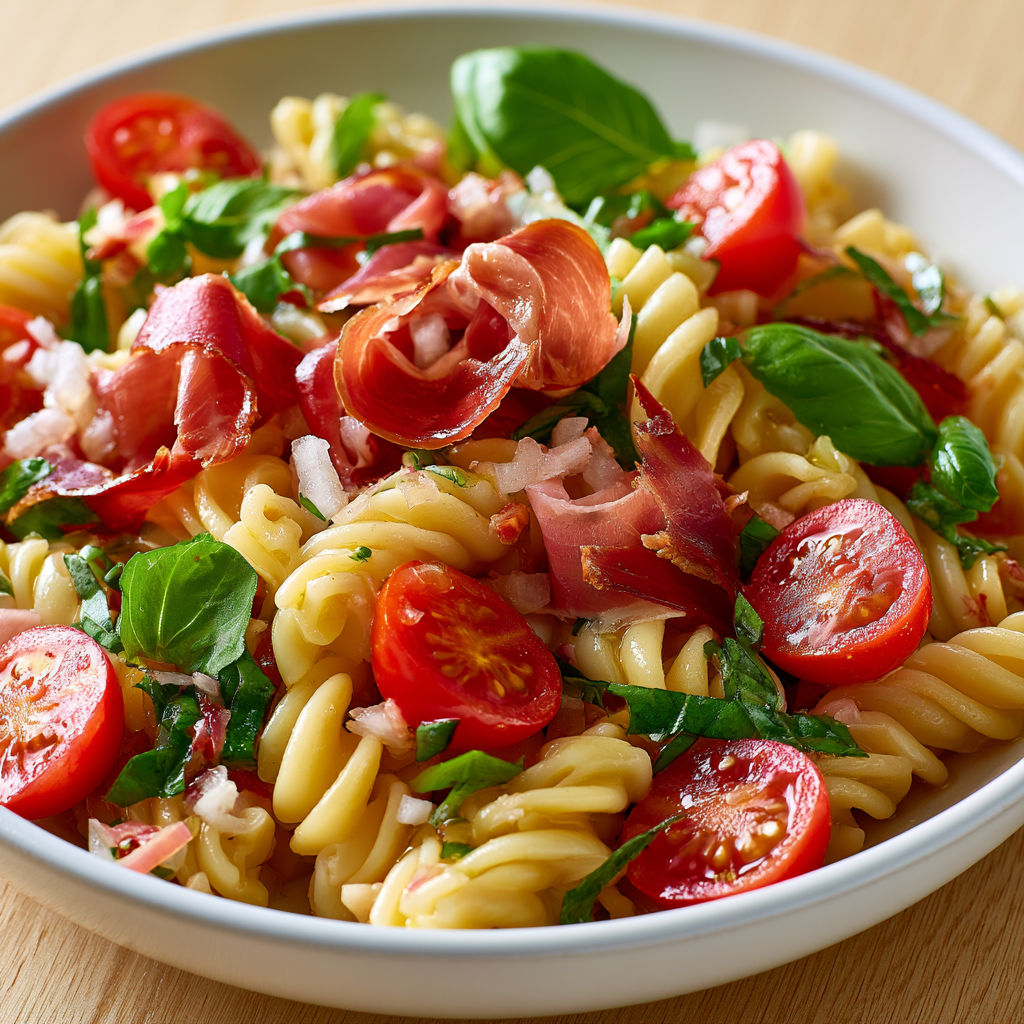 Salade de pâtes à l'italienne au jambon cru fraîche et pleine de saveurs.