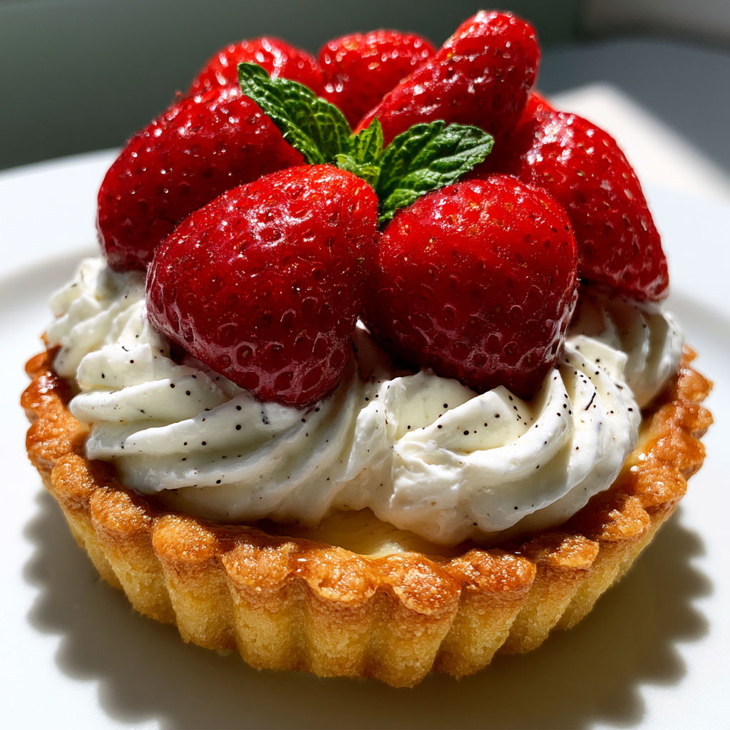 Une tarte sablée aux fraises et à la vanille, garnie de fraises et de menthe, est servie sur un plateau.
