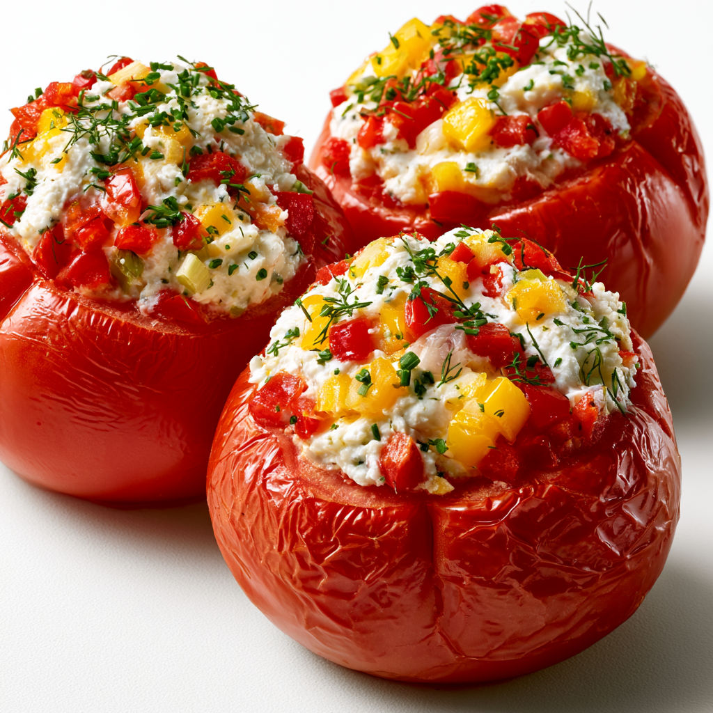 Tomates farcies sans cuisson à la ricotta et mozzarella pour un repas léger.