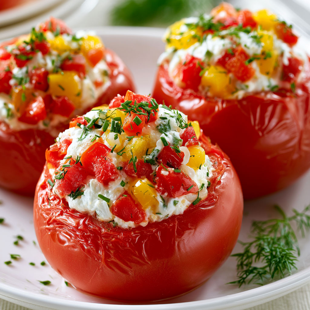 Tomates farcies fraîches aux herbes, ricotta et légumes croquants en 20 minutes.