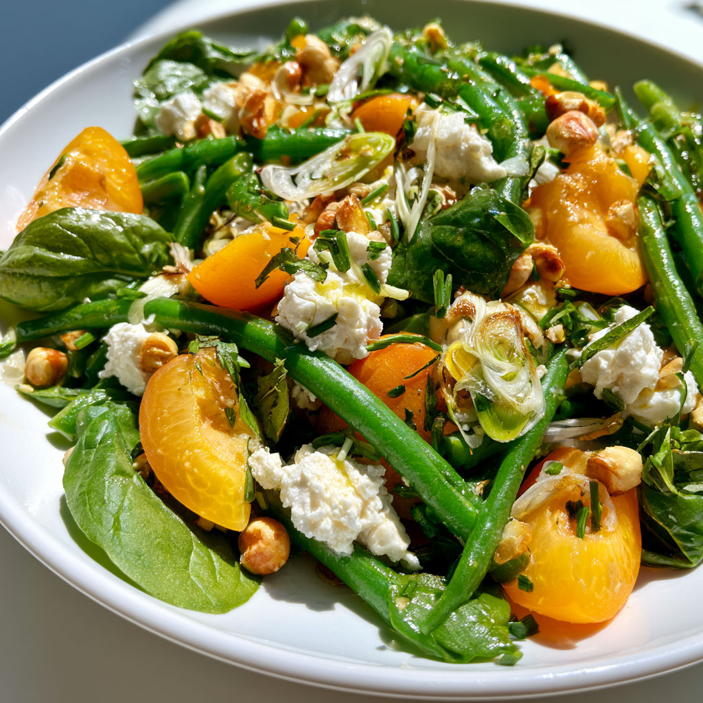 Salade fraîche aux haricots verts, abricots et chèvre pour un repas léger et gourmand.