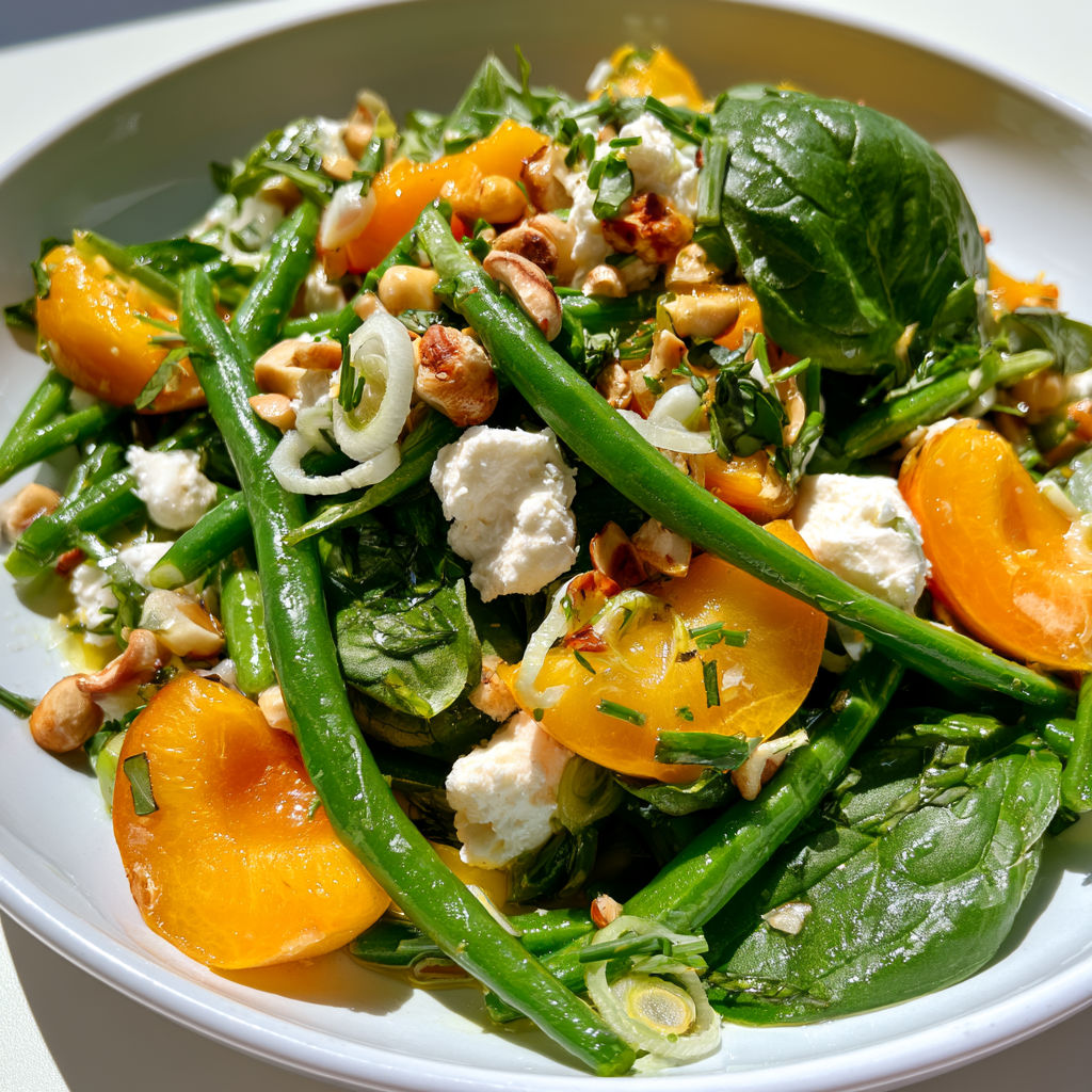 Salade d'été aux haricots verts, abricots juteux et chèvre frais pleine de fraîcheur.