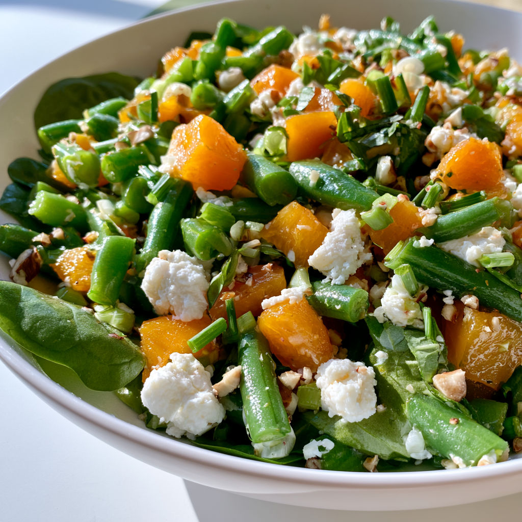Délicieuse salade estivale aux haricots verts, chèvre frais et abricots parfumés.