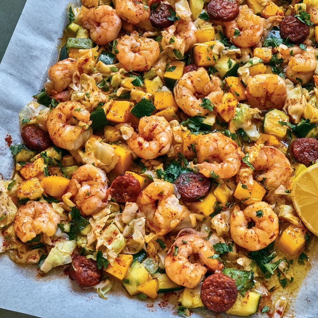 Crevettes rôties au chorizo, mangue et courgettes aux saveurs sucrées-salées.