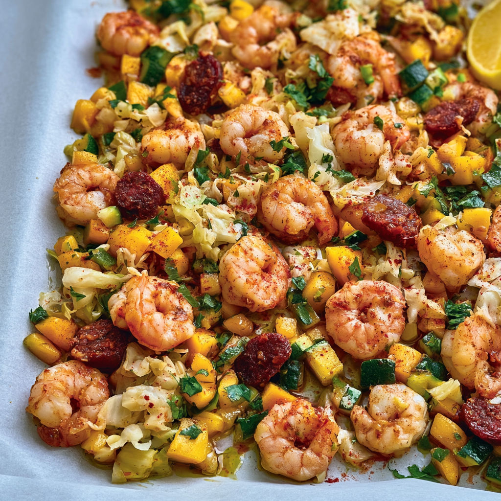 Poêlée de crevettes au chorizo avec mangue fondante et légumes de saison.