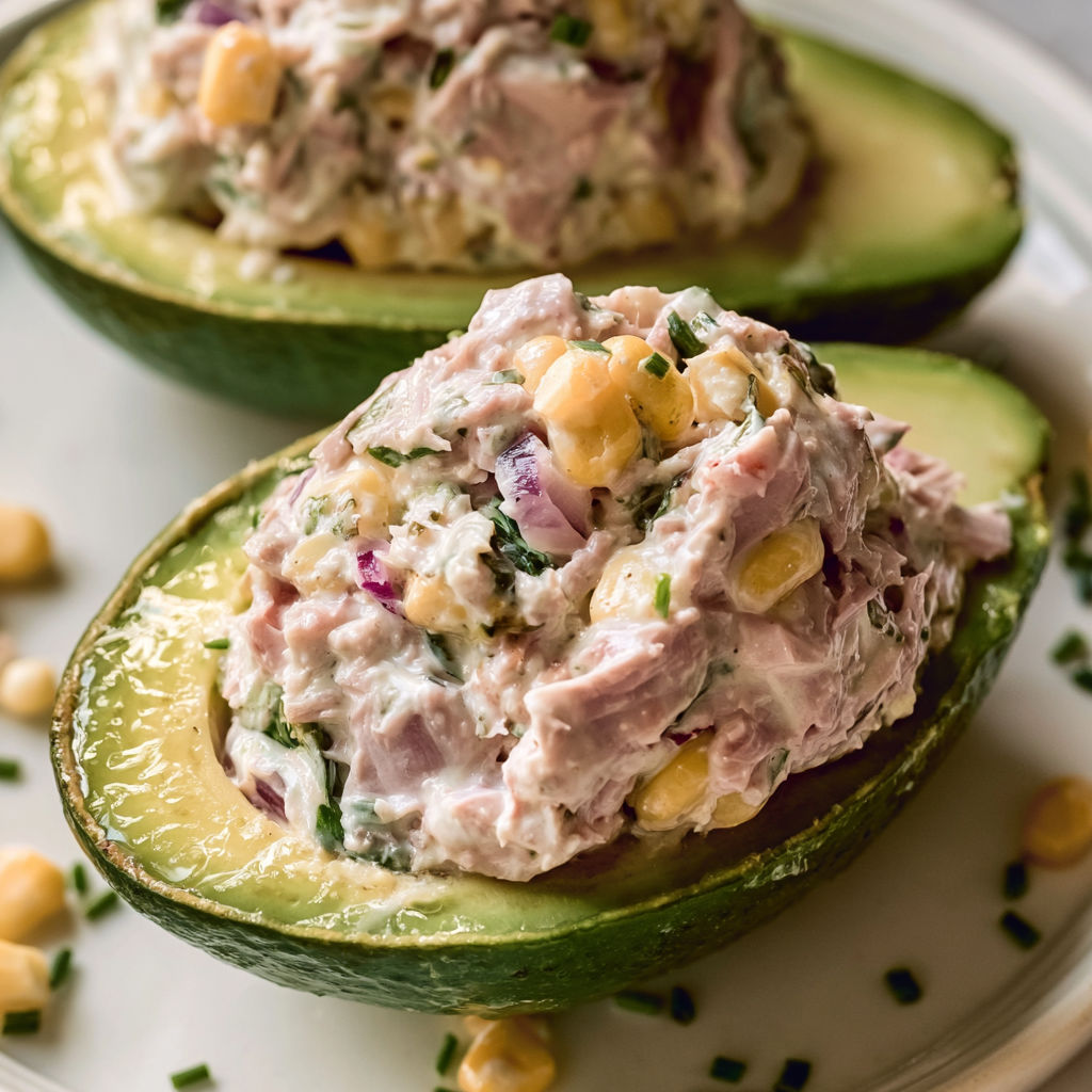 Délicieux avocats farcis au thon, maïs et ciboulette pour un repas léger.