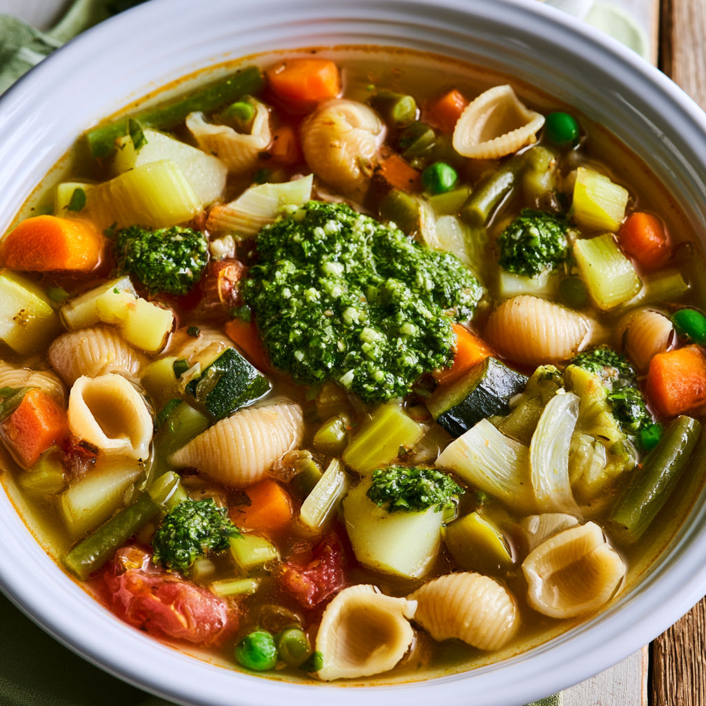 Soupe au pistou traditionnelle aux légumes d'été et basilic parfumé.