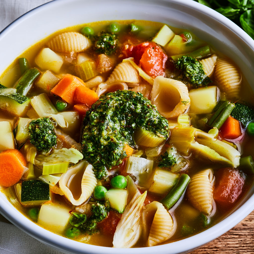 Délicieuse soupe au pistou maison avec des légumes frais et un pistou onctueux.