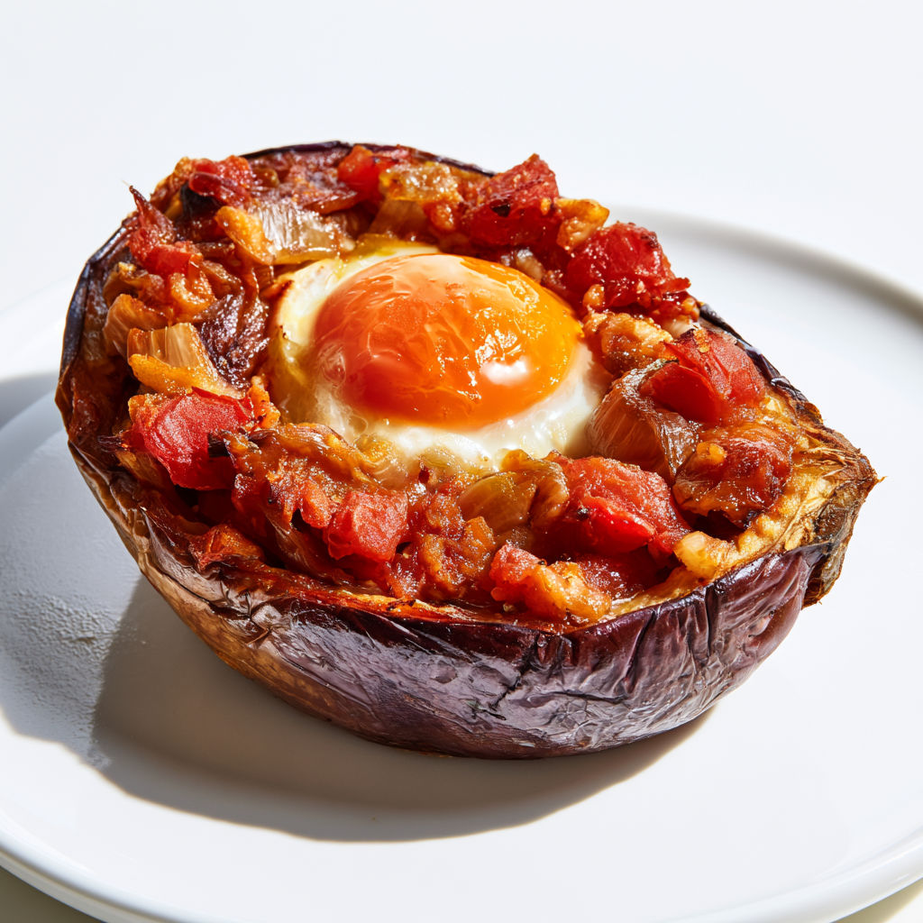 Une aubergine farcie avec un œuf au nid.