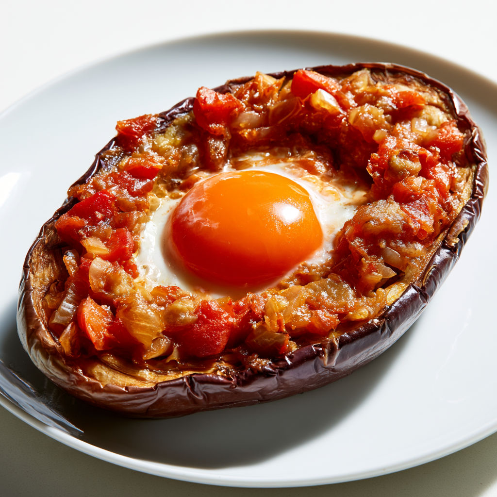 Une poivron farci avec une omelette et des tomates.