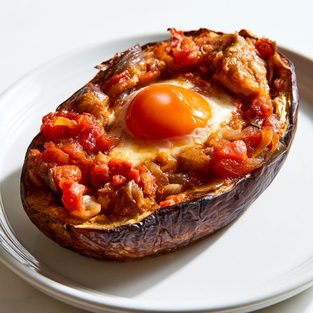 Une poire farcie de viande et oeufs, avec une sauce tomate, est servie sur un plateau.