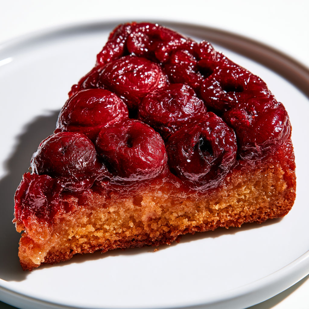 Une portion de gâteau tatin aux cerises sur un plateau.