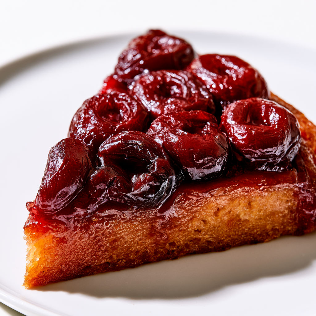 Une tranche de gâteau aux cerises sur un plateau.