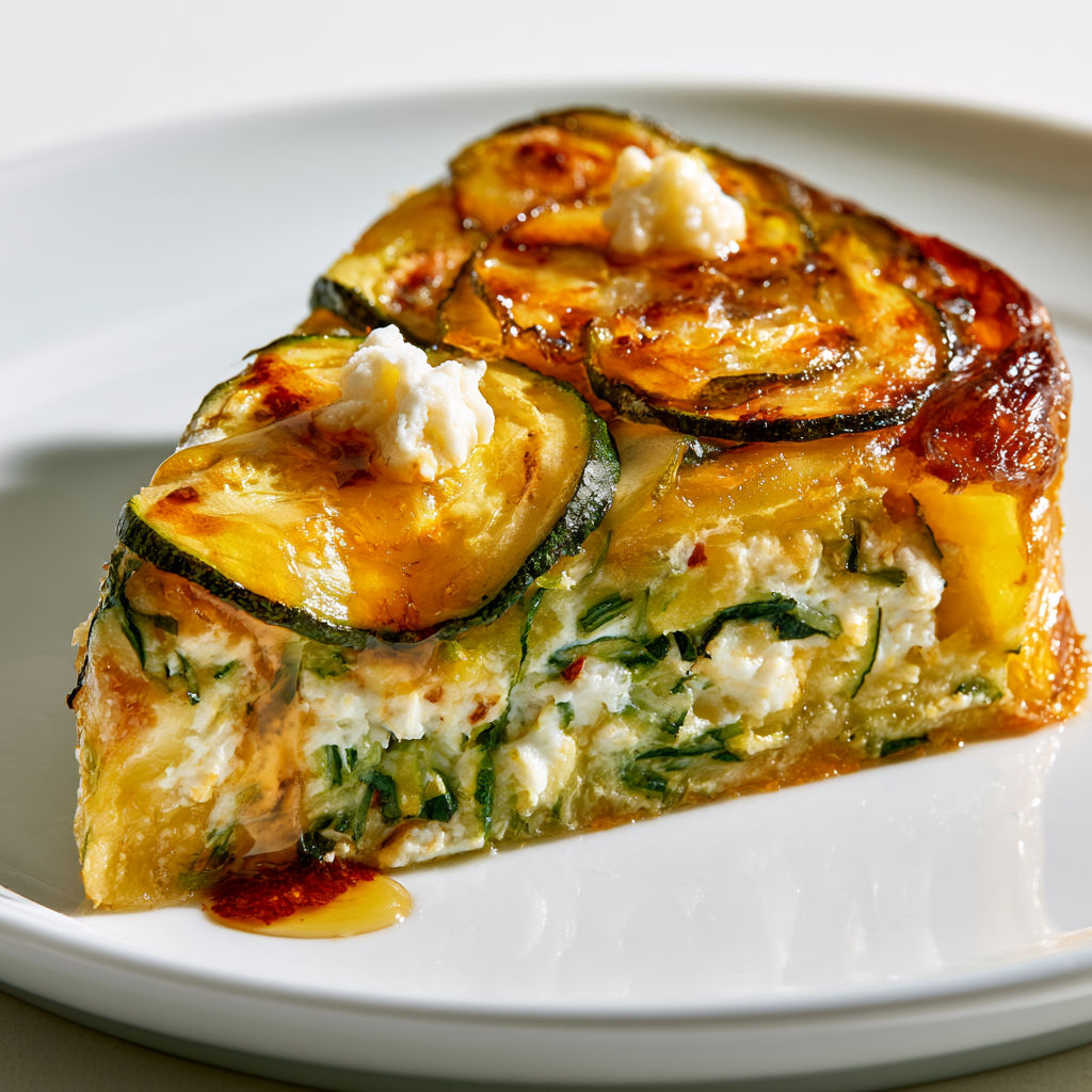 Une portion de scarpaccia de courgettes façon tatin sur un plateau.