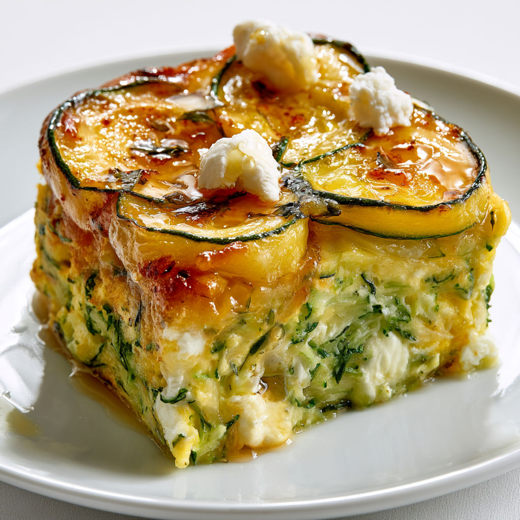 Une tarte aux courgettes façon tatin, servie sur un plateau.