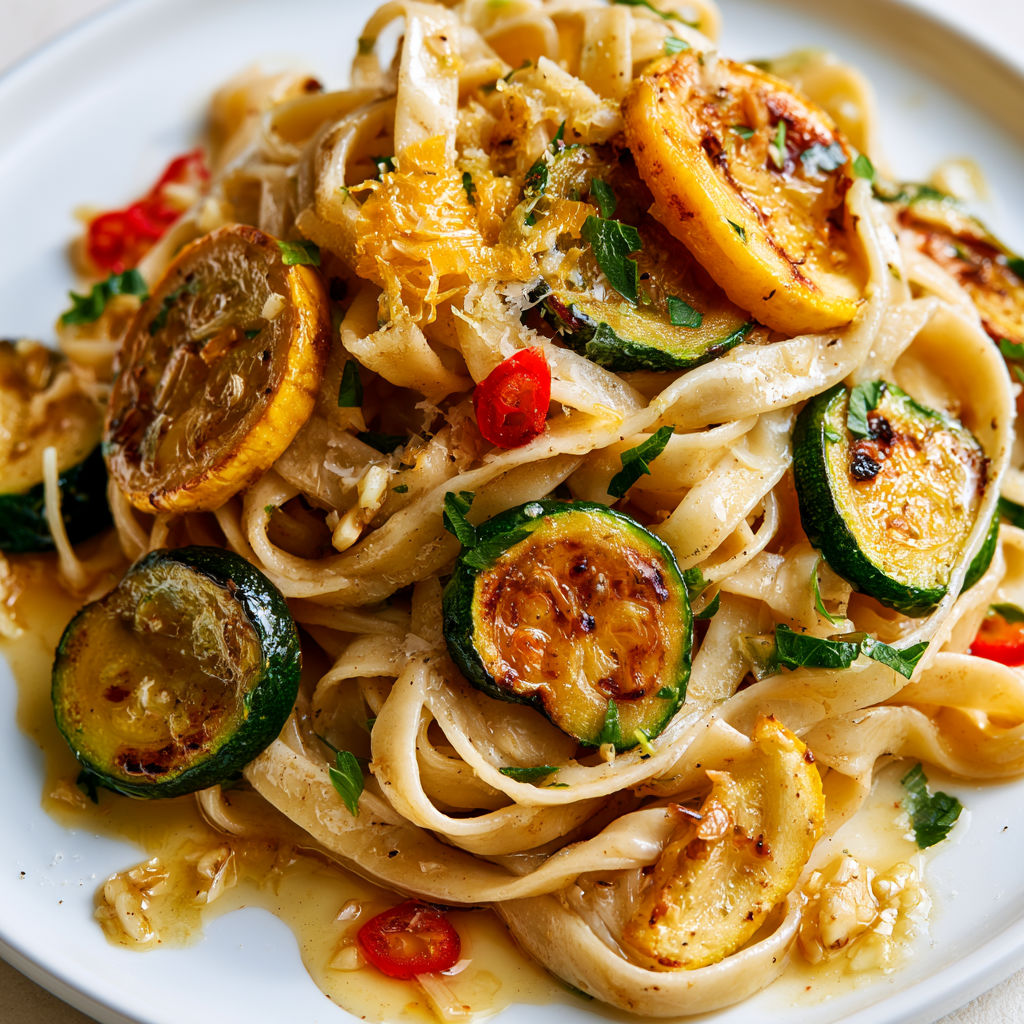 Tagliatelles aux courgettes poêlées, ail, parmesan et piment en moins de 30 minutes.