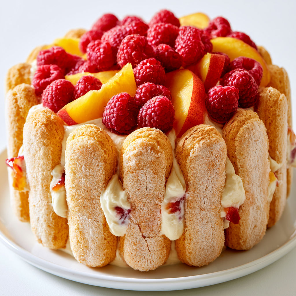 Charlotte aux framboises et aux pêches pour un dessert frais, fruité et irrésistible.
