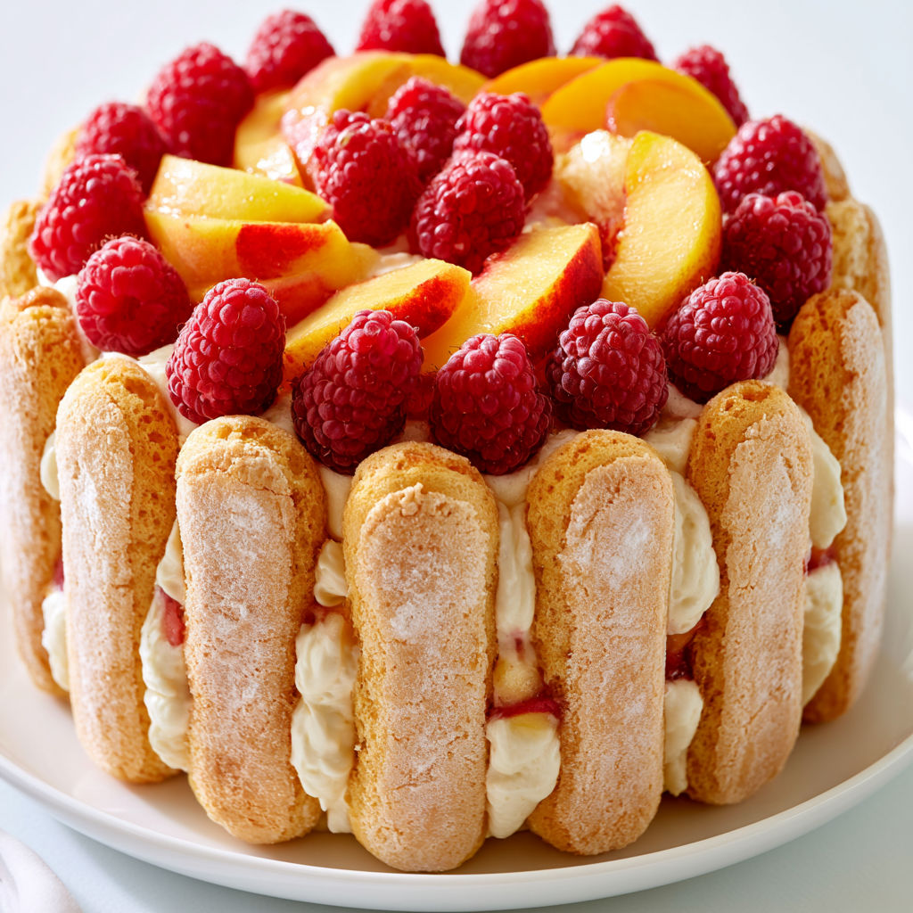 Charlotte aux fruits d'été légère et gourmande avec framboises et pêches fraîches.