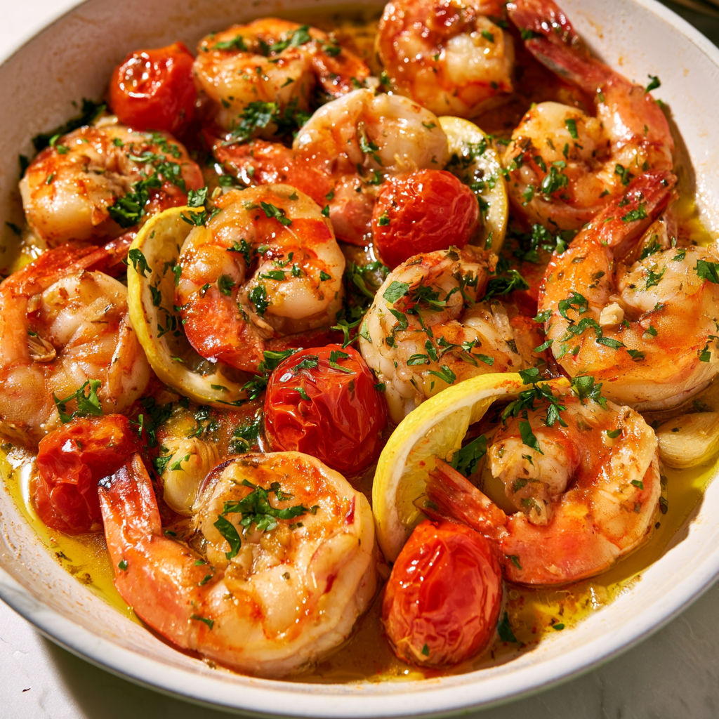 Crevettes à l'ail, citron et tomates cerises dans une savoureuse sauce méditerranéenne.