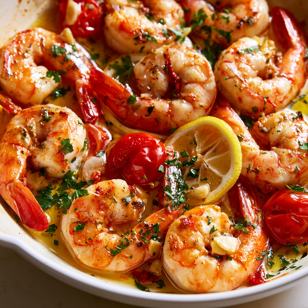 Délicieuses crevettes sautées à l'ail et au citron avec tomates cerises fondantes.