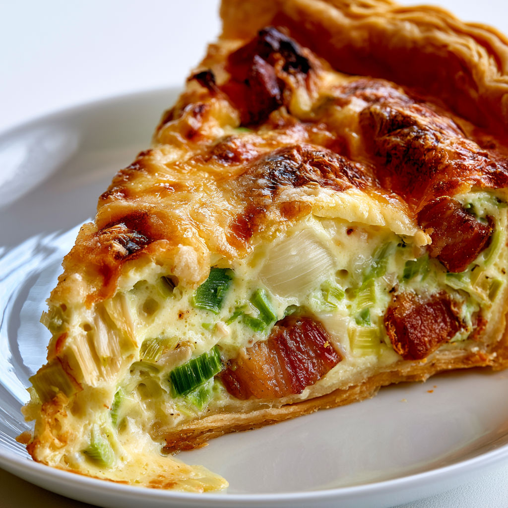 Une tarte aux poireaux et aux lardons est servie sur un plateau.
