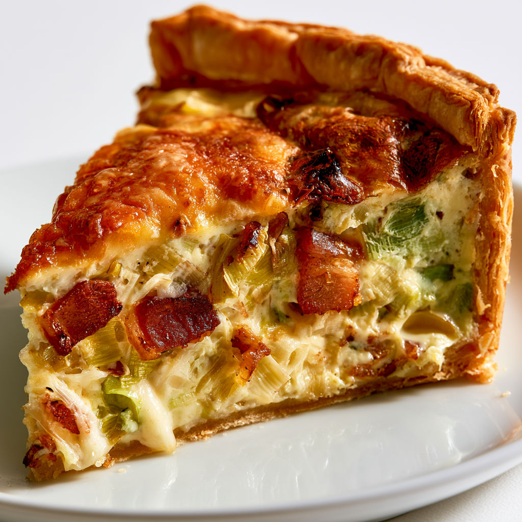 Délicieuse tarte aux poireaux et aux lardons gratinée au fromage pour un repas gourmand.