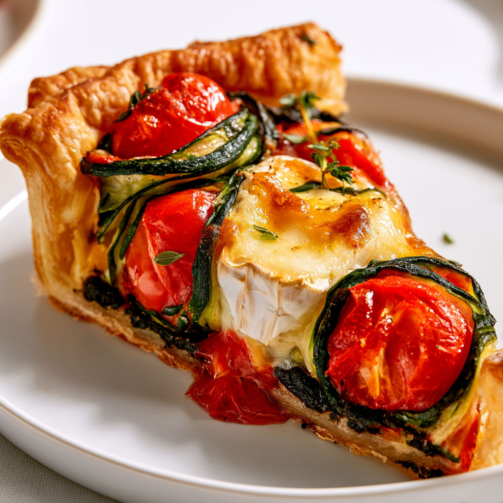Une tarte estivale aux légumes fleurs et au chèvre, avec des tomates et des courgettes.