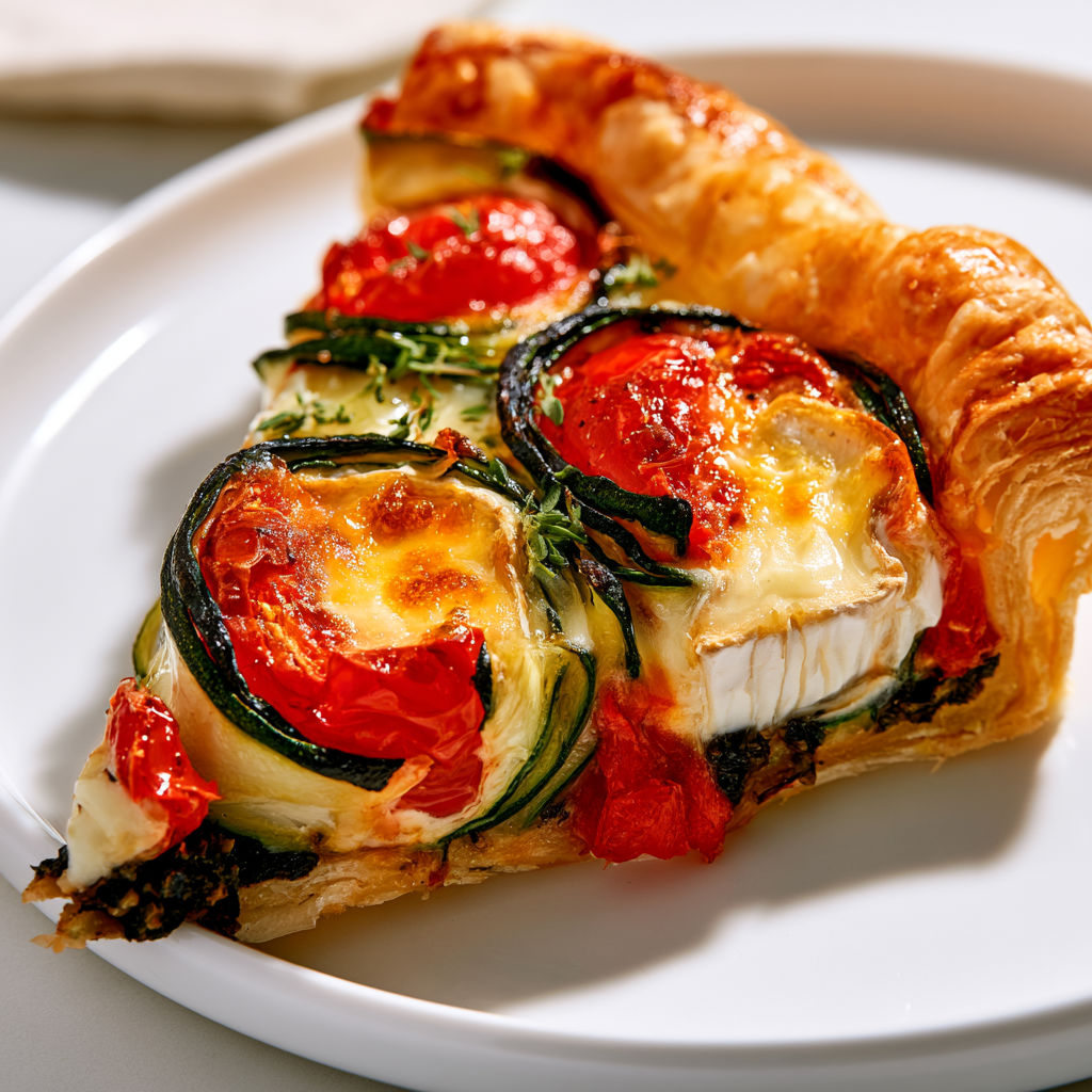 Tarte estivale aux fleurs de courgettes et chèvre avec tomates cerises gourmandes.