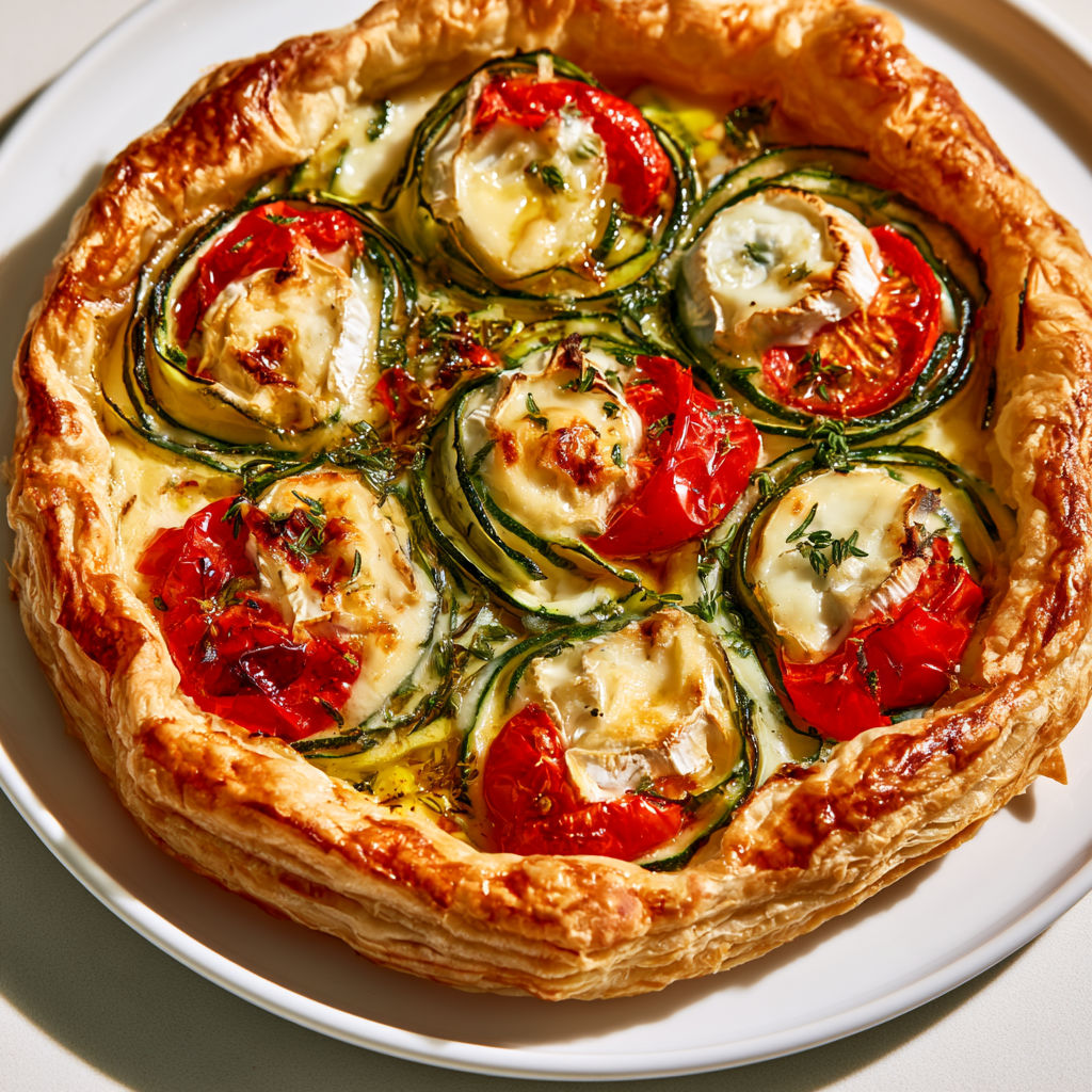 Délicieuse tarte aux courgettes, chèvre et tomates cerises pour un repas d'été.