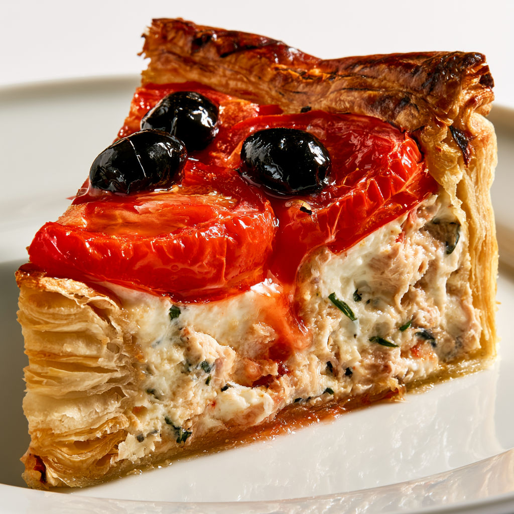 Une tarte au thon, à la tomate et au mascarpone, est servie sur un plateau.