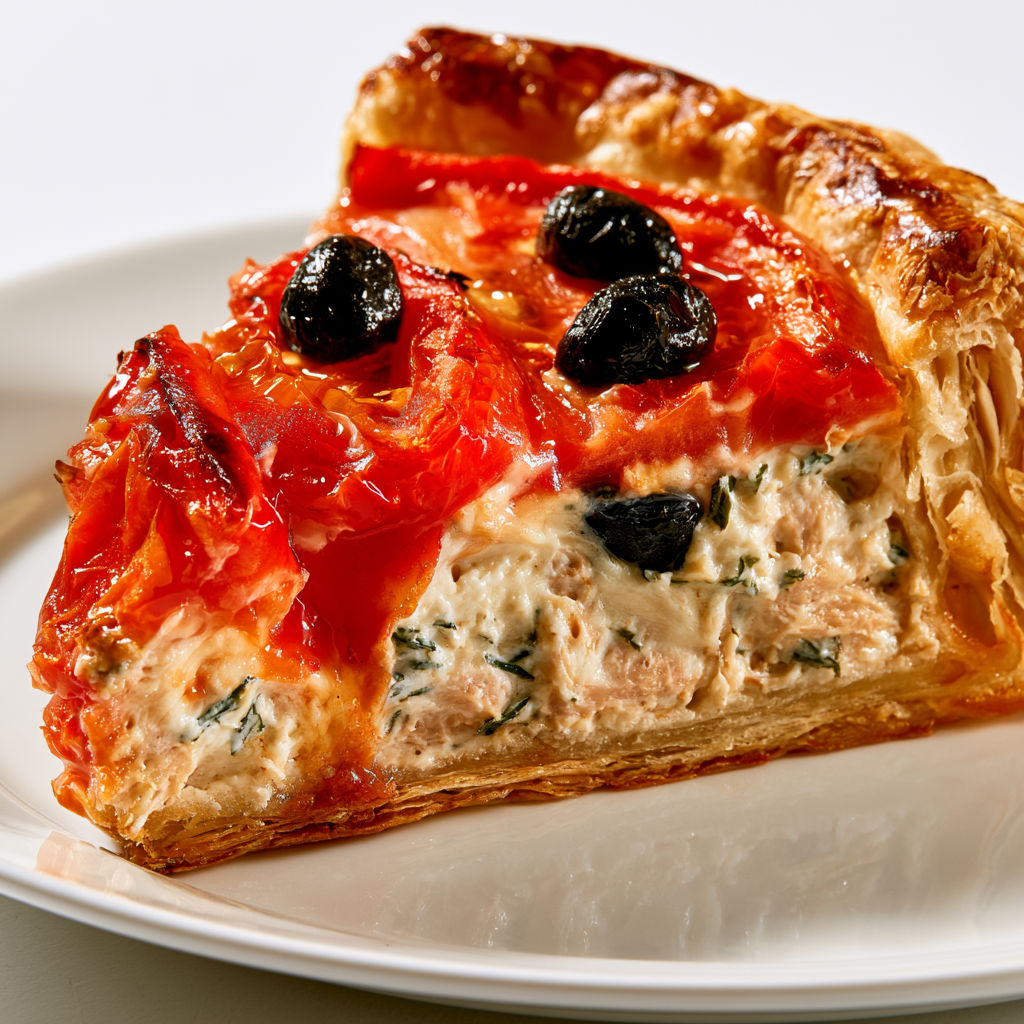 Tarte au thon, tomates et mascarpone avec une garniture fondante et savoureuse.