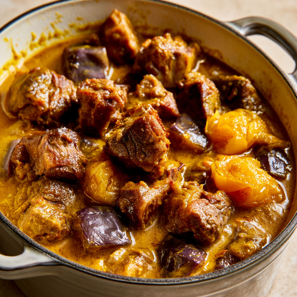 Délicieux colombo de veau mijoté avec aubergines et tomates en sauce.