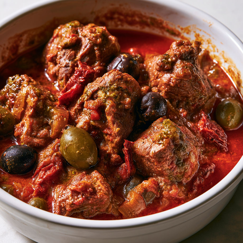 Un plat de Sauté de veau aux olives et pesto rosso.