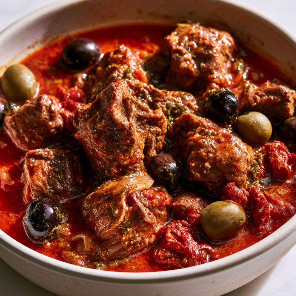 Sauté de veau aux olives et pesto rosso mijoté pour un repas riche en saveurs.