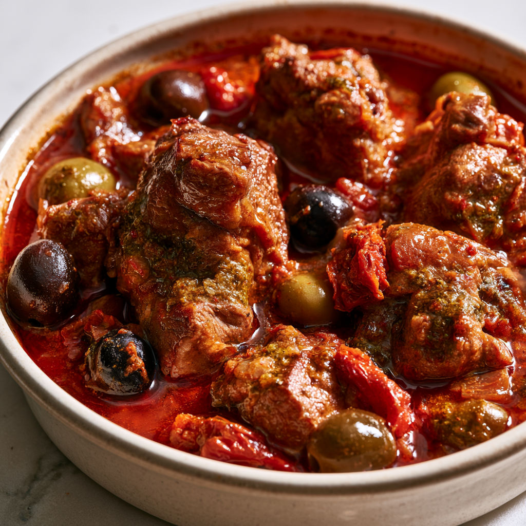 Délicieux sauté de veau fondant aux olives, tomates confites et pesto rosso.
