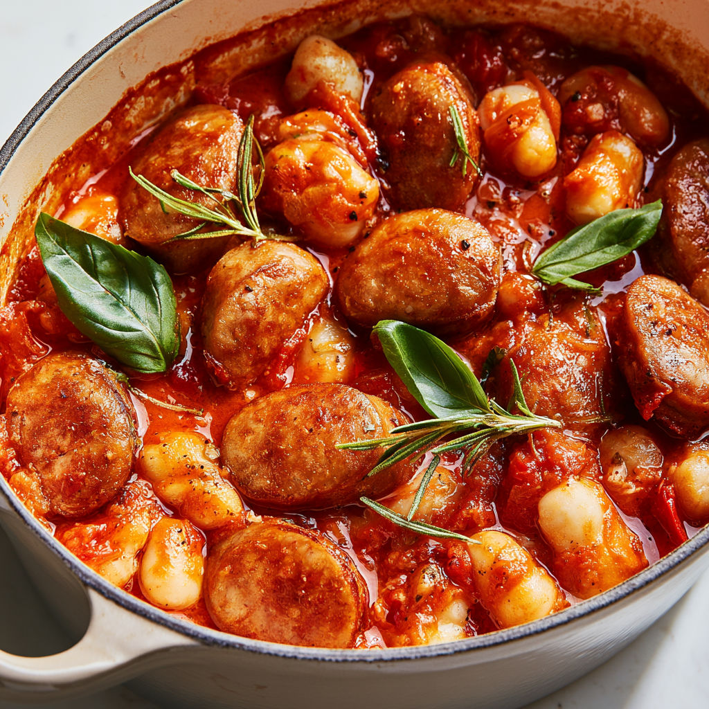 Une casserole de saucisses et haricots, sauce tomate pimentée.