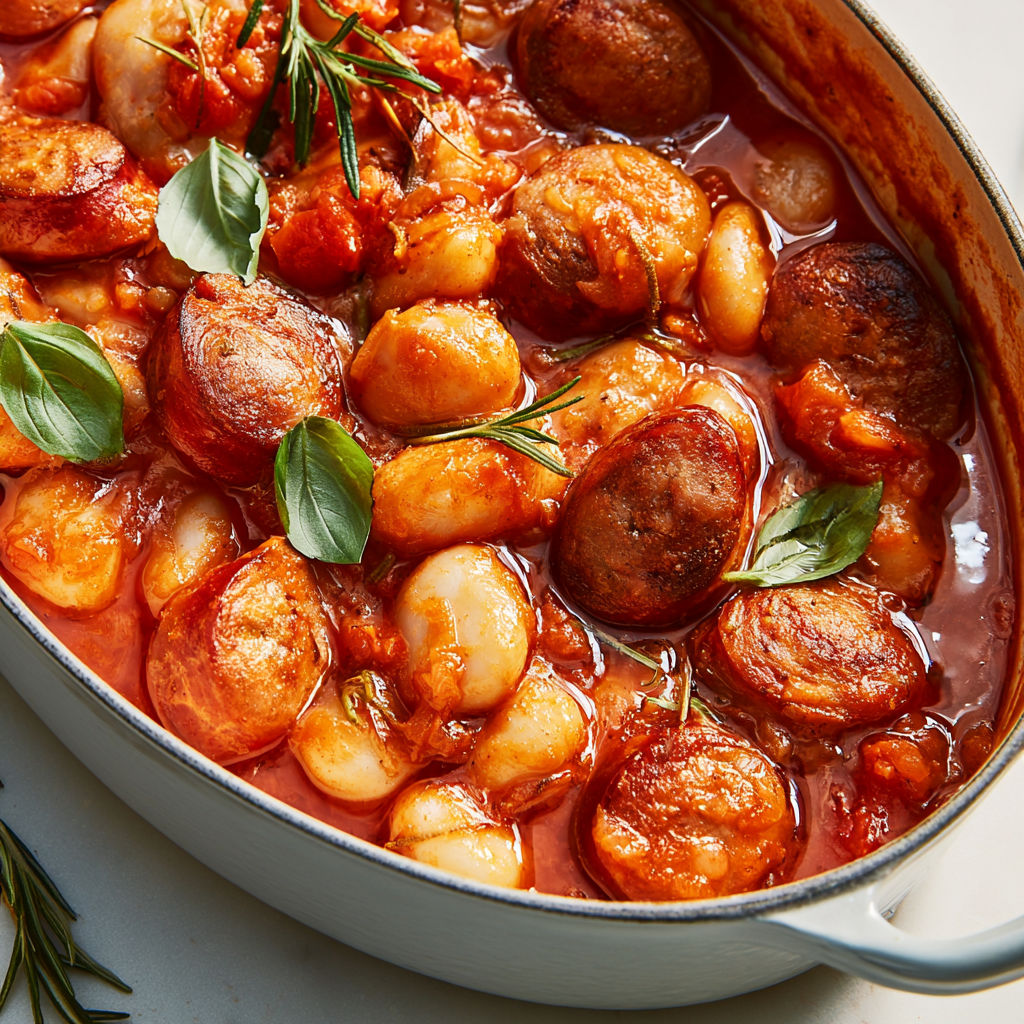 Saucisses pimentées aux haricots coco dans une savoureuse sauce tomate maison.