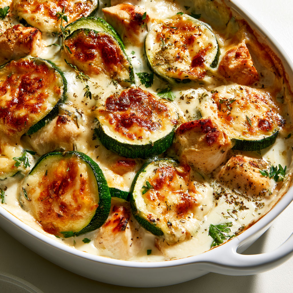Gratin de courgettes au poulet avec une béchamel crémeuse et un fromage gratiné.