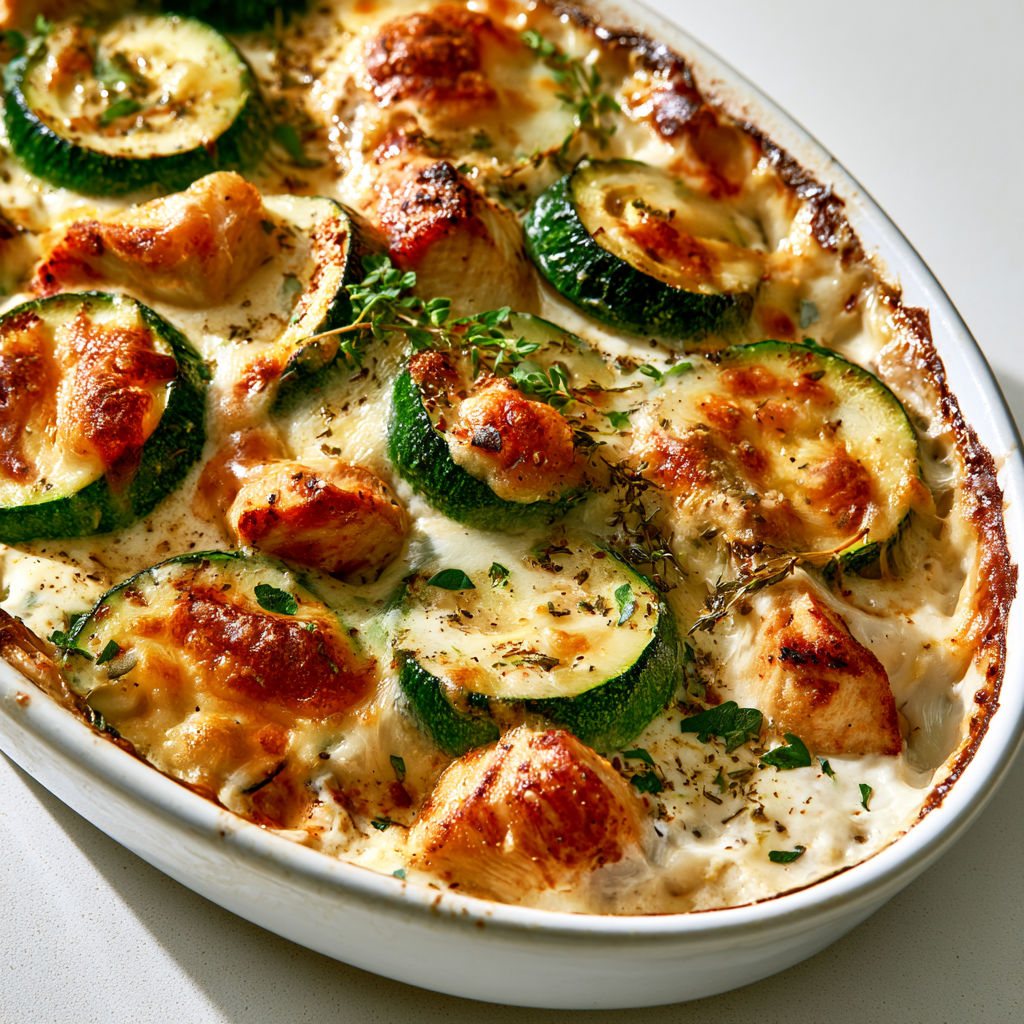 Gratin de courgettes au poulet maison avec une généreuse couche de fromage doré.