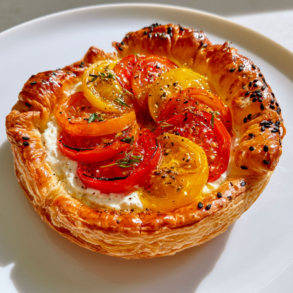 Mini tartelettes feuilletées aux tomates colorées, ricotta et thym frais pour l'apéro.