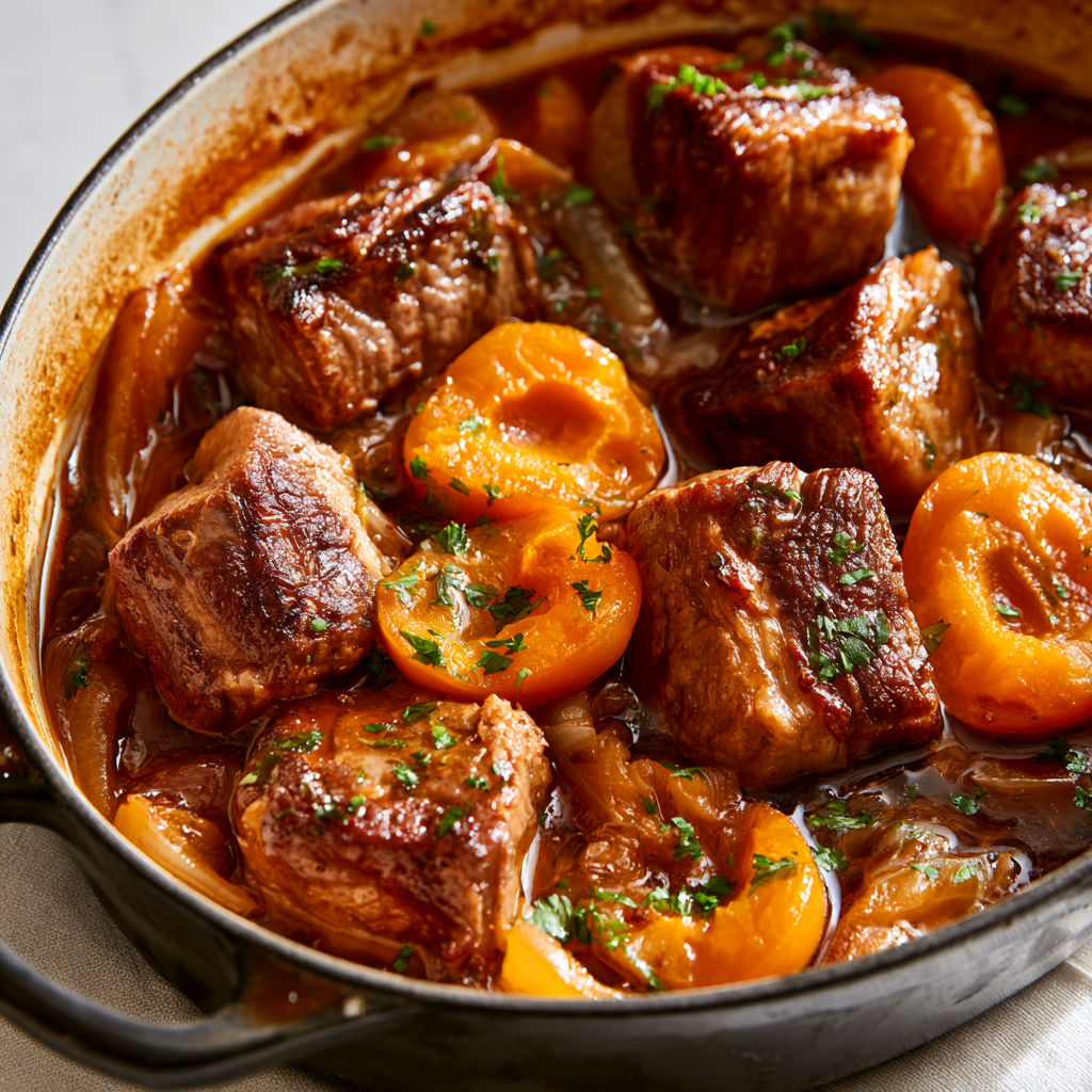 Sauté de porc aux abricots, sauce soja et citron vert aux saveurs sucrées-salées.