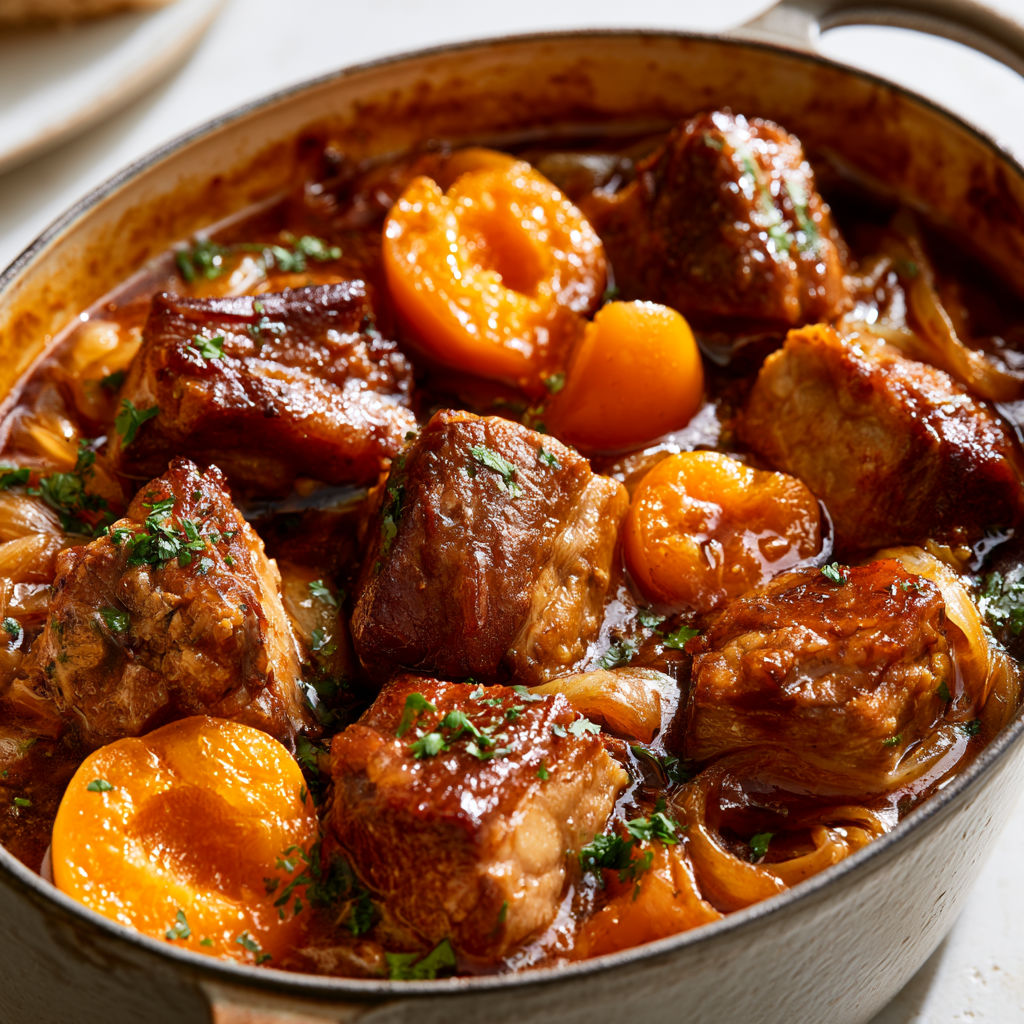 Délicieux sauté de porc mijoté aux abricots frais avec miel et sauce soja.