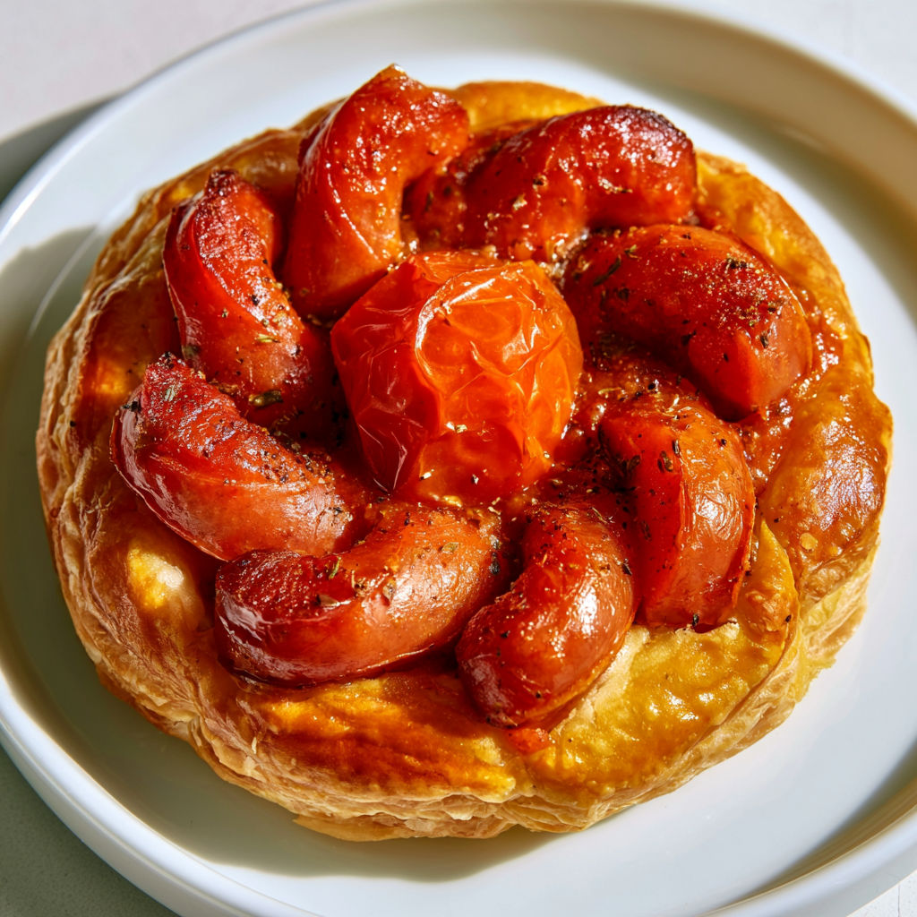 Mini-tartelettes feuilletées au chorizo et tomates avec une pâte dorée et croustillante.