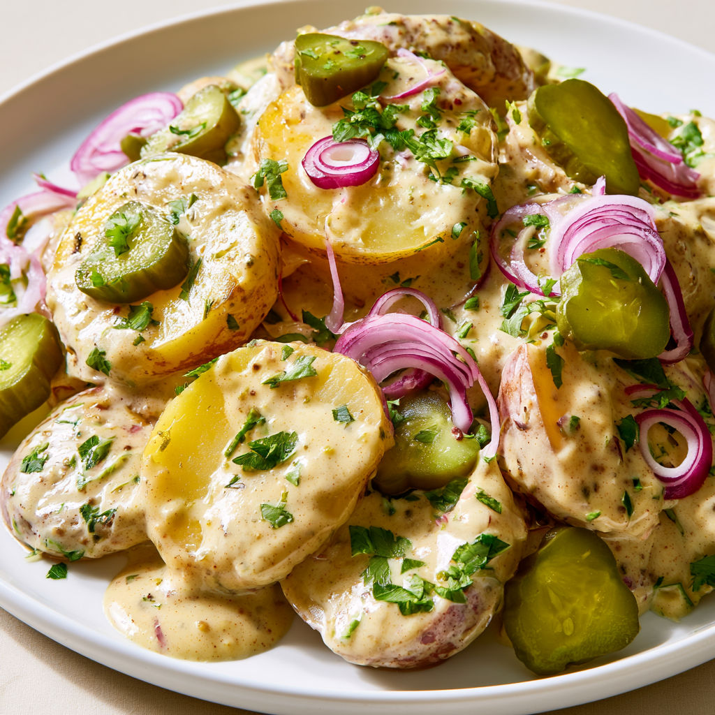 Délicieuse salade de pommes de terre aux cornichons, aneth et moutarde à l'ancienne.