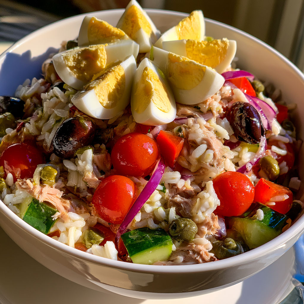 Salade de riz niçoise avec des tomates, des oeufs, des olives et des légumes verts.