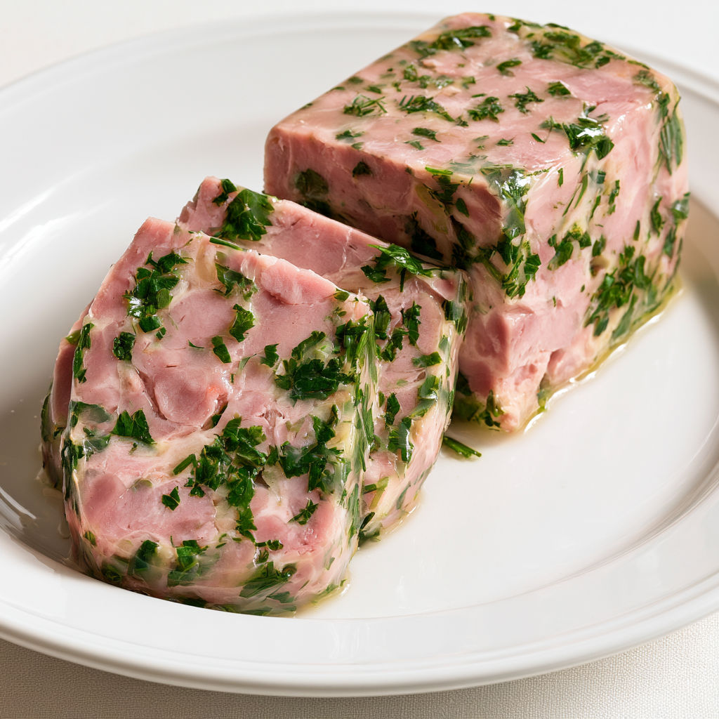 Une terrine froide de jambonneau aux fines herbes est servie sur un plateau.
